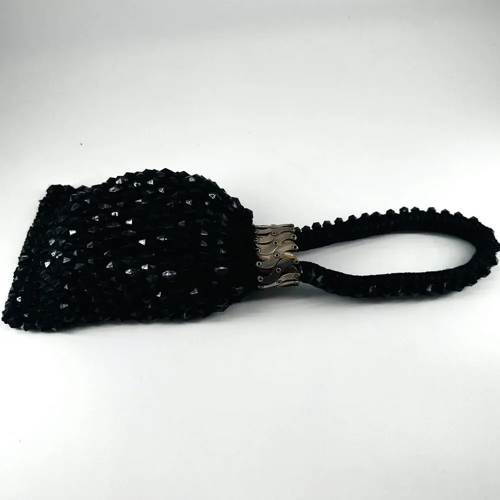 Vintage Black Beaded Evening Purse with Bike Chain Strap Accent Y2K Goth